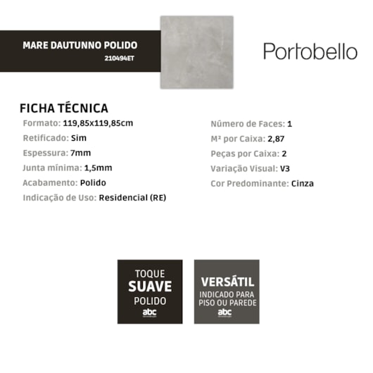 Porcelanato Portobello Mare Dautunno Polido 119,85x119,85cm Retificado - Imagem principal - f518dd4b-f04a-4210-ab96-8bedb60b55ed
