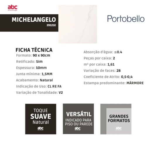 Porcelanato Portobello Michelangelo Natural 90x90cm Branco Retificado  - Imagem principal - 0f369c93-fa65-4eed-8e38-0172ed43ef60