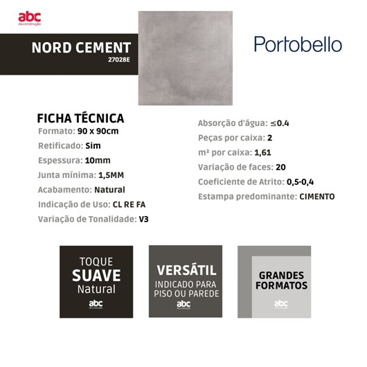 Porcelanato Portobello Nord Cement Natural 90x90cm Cinza Retificado  - Imagem principal - 32294b3a-10e7-4f9a-9c80-51ccf1af8292