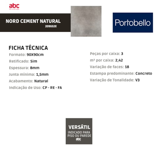 Porcelanato Portobello Nord Cement Natural 90x90cm Retificado - Imagem principal - df884849-7af5-48c8-a3ec-83213e2a2ba2