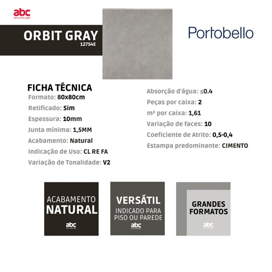 Porcelanato Portobello Orbit Gray Natural 80x80cm Cinza Retificado  - Imagem principal - e167c21c-a446-4369-9a82-cba1525523e5
