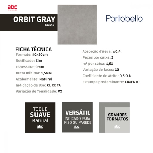 Porcelanato Portobello Orbit Gray Natural 80x80cm Cinza Retificado - Imagem principal - f6abee55-092e-4131-bfe0-1cd3f3670475