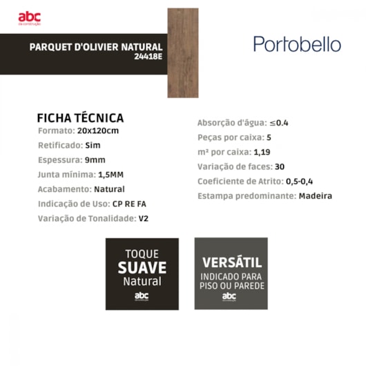 Porcelanato Portobello Parquet Dolivier Natural 20x120cm Retificado  - Imagem principal - cf0585bf-1ee6-4c7d-9a54-bc31fc64ee34