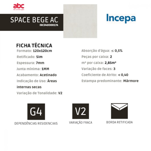 Porcelanato Retificado 120x120cm Space Bege Acetinado Incepa - Imagem principal - 9d6ec6e9-af1f-4872-a316-bd4c7fff63ff