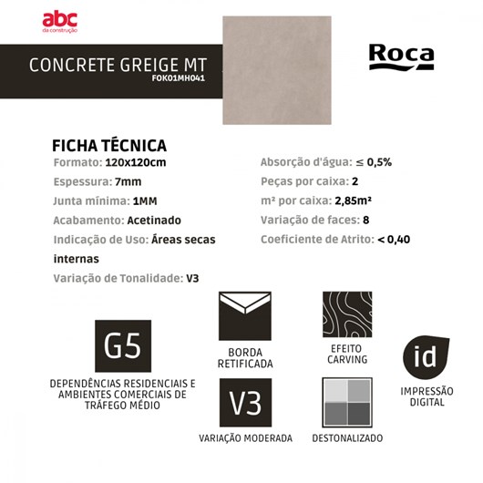 Porcelanato Retificado Concrete Greige Mate Roca 120X120Cm - Imagem principal - 91537f9c-73f2-48b2-9c20-aaed991dd0df