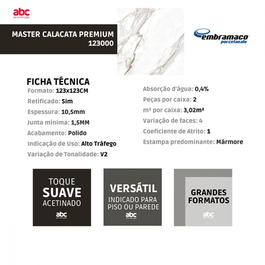 Porcelanato Retificado Master Calacata Premium Acetinado Embramaco 123x123cm - Imagem principal - 3361e347-54fa-409a-8111-46e4aad2b207