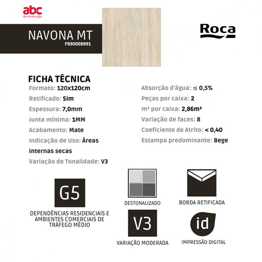 Porcelanato Retificado Navona Mate Roca 120X120Cm - Imagem principal - daaa72a0-a40b-4404-9496-777fb1587b3a