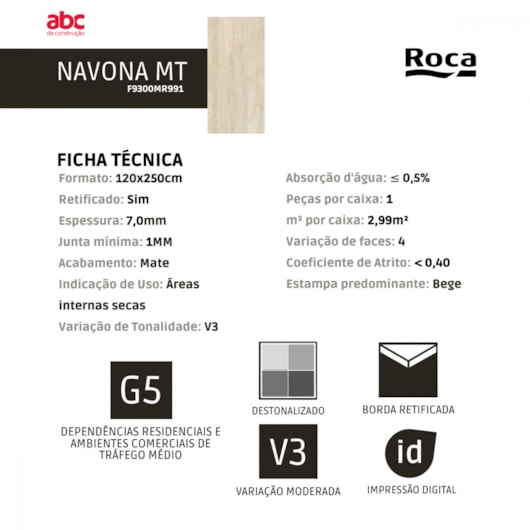 Porcelanato Retificado Navona Mate Roca 120X250Cm - Imagem principal - c955e1f6-58e7-4268-8ce3-ac2ce6c410b7