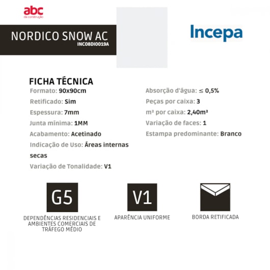 Porcelanato Retificado Nórdico Snow Acetinado 7mm Incepa 90x90 cm - Imagem principal - 91fac8e5-9666-4149-ae0a-49ffe98a55c1