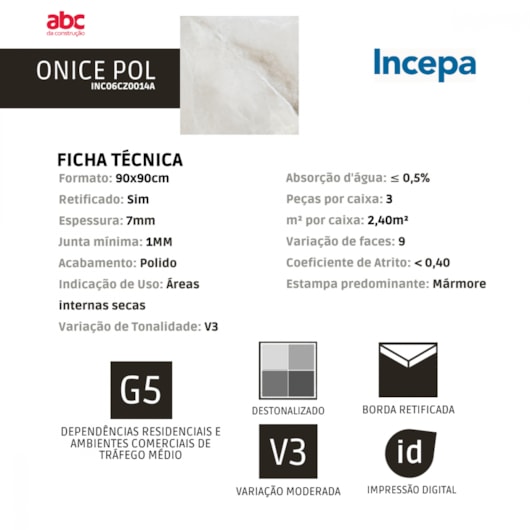 Porcelanato Retificado Onice Polido 7mm A Incepa 90x90 cm - Imagem principal - ed200946-e8b0-4698-8a41-271eef39bd14