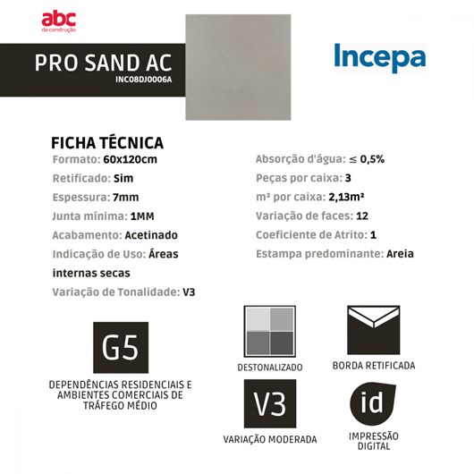 Porcelanato Retificado Pro Sand Acetinado 7mm A Incepa 60x120 cm - Imagem principal - b7a87346-37f8-4908-842b-906e60cd320f