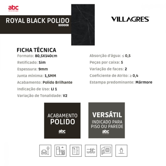 Porcelanato Retificado Royal Black Polido A Villagres 80,5x140 cm - Imagem principal - c0a20bc6-9ce4-454b-9514-2fc56ce5bb9a