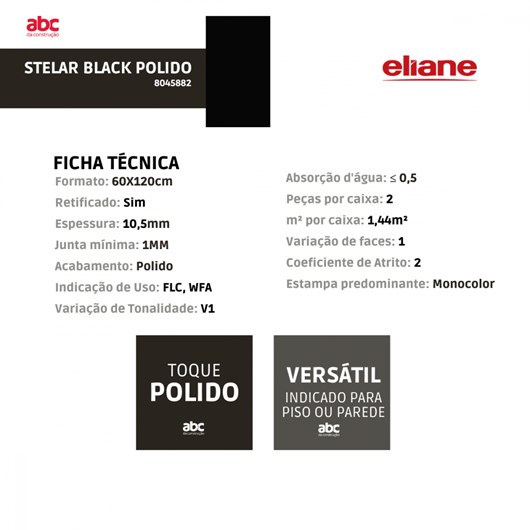 Porcelanato Retificado Stelar Black Polido Eliane 60X120Cm - Imagem principal - 2f3a6858-5266-40b4-81f1-3cbeb40b472e
