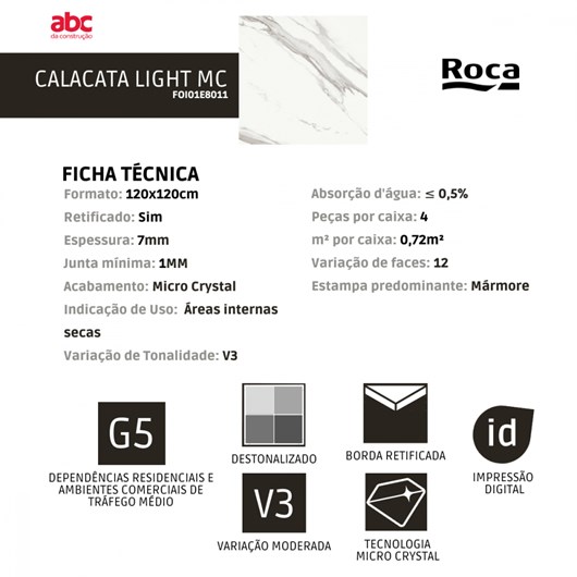 Porcelanato Roca Calacata Light Polido 120x120cm Mármore Retificado  - Imagem principal - 420d9cfb-424d-4419-93ee-3a6f56cb46ae