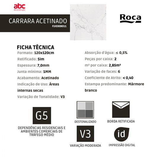 Porcelanato Roca Carrara Acetinado Mármore 120x120cm Retificado  - Imagem principal - 7275fd84-9d93-4c1f-b938-970dcba4a05f