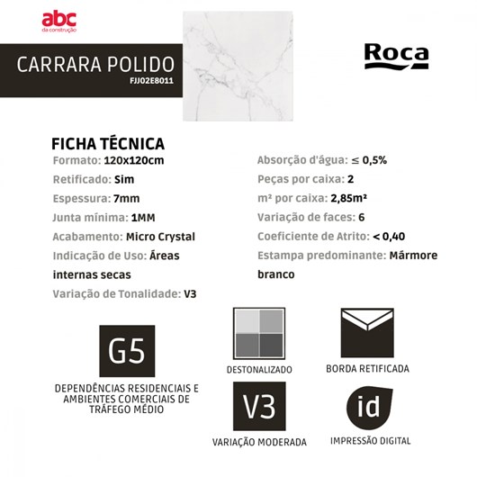 Porcelanato Roca Carrara Polido 120x120cm Mármore Retificado  - Imagem principal - 61072553-c07f-4a5f-81c0-03f24486f662