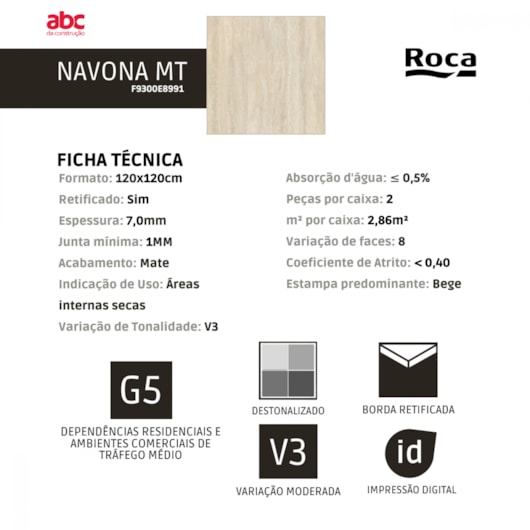 Porcelanato Roca Navona Mate 120x120cm Retificado - Imagem principal - 1fb51ecd-6b75-4d86-9aaf-f2b14150a7f6