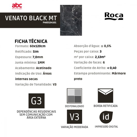 Porcelanato Roca Venato Black Acetinado 60x120cm Preto Retificado  - Imagem principal - 5a9b9cc7-a17a-459a-ad21-3c070cb37d03