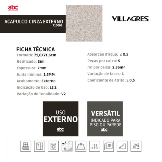 Porcelanato Villagres Acapulco Cinza Externo 71,6x71,6cm Retificado  - Imagem principal - 65a99525-fa21-430f-b31a-da52d73488a5