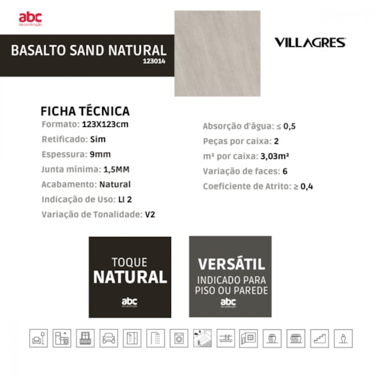 Porcelanato Villagres  Basalto Sand Natural A 123x123cm Retificado - Imagem principal - 4d66254d-f4c3-4169-a0b2-ad91e0173819