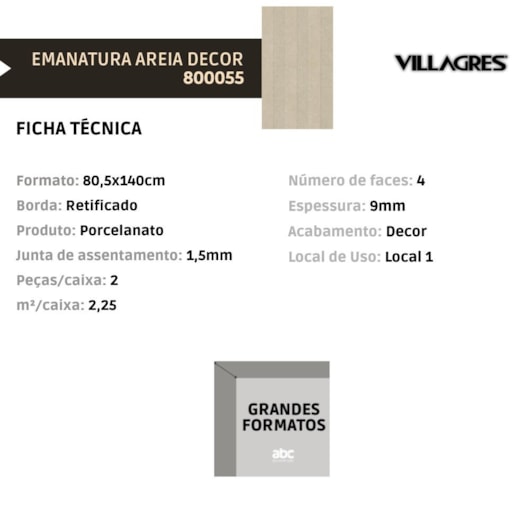 Porcelanato Villagres Emanatura Areia Decor Natural 80,5x140cm Retificado - Imagem principal - 6305c18f-ca11-459e-a45e-9229249d141e