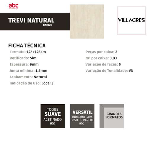 Porcelanato Villagres Trevi Natural 123x123cm Retificado - Imagem principal - 4a9dfc06-92da-4f35-a67a-827779c43b0c