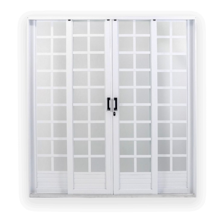 Porta De Correr Minas Sul 4 Folhas Divisor Quadriculado Vidro Liso Aço Branco MGM 215x200cm