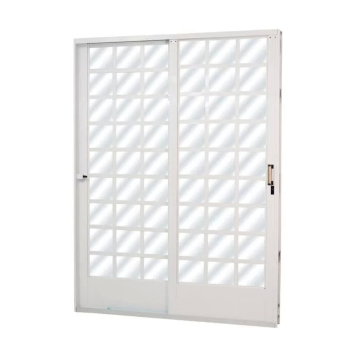 Porta De Correr Minas Sul Abertura Pela Esquerda 2 Folhas Divisor Quadriculado Vidro Liso Aço Branco MGM 215x16012cm