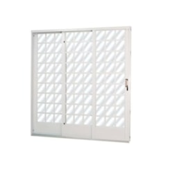 Porta De Correr Minas Sul Abertura Pela Esquerda 3 Folhas Divisor Quadriculado Vidro Liso Aço Branco MGM 215X160X14,5cm