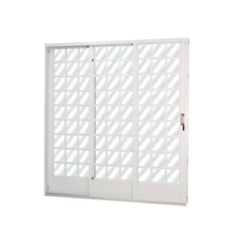 Porta De Correr Minas Sul Abertura Pela Esquerda 3 Folhas Divisor Quadriculado Vidro Liso Branco 215x200x14,5cm