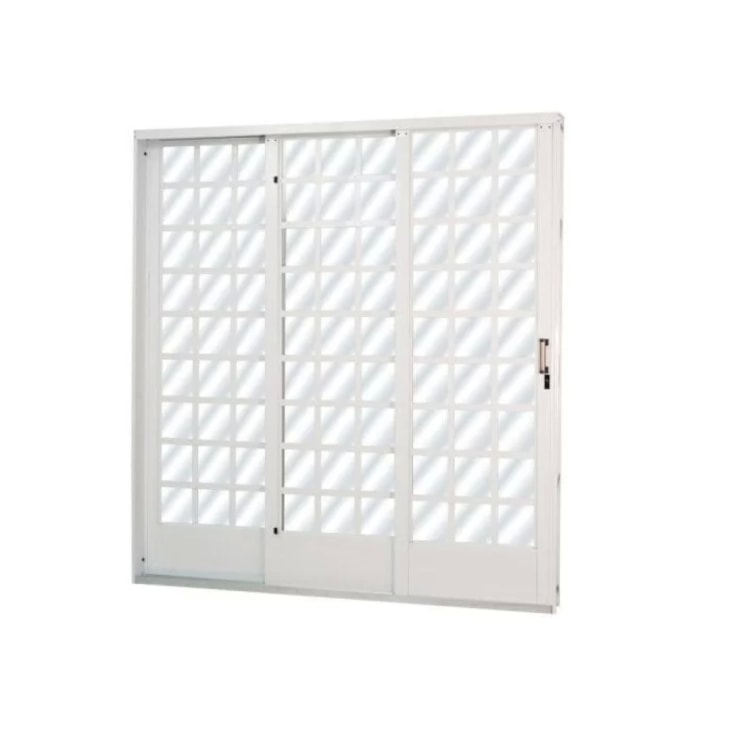 Porta De Correr Minas Sul Abertura Pela Esquerda 3 Folhas Divisor Quadriculado Vidro Liso Branco 215x200x14,5cm