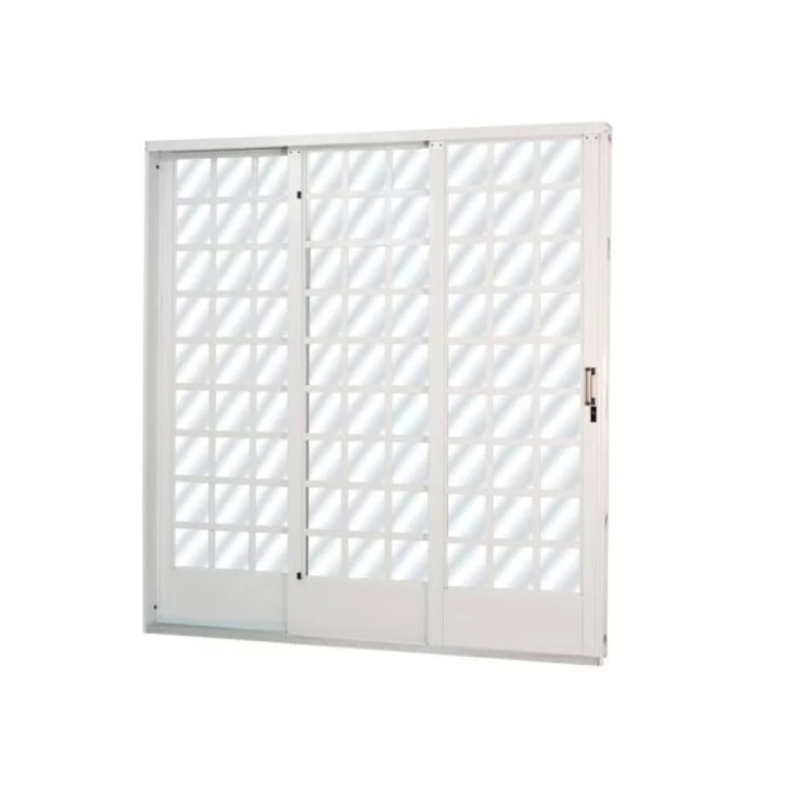 Porta De Correr Minas Sul Abertura Pela Esquerda 3 Folhas Divisor Quadriculado Vidro Liso Branco 215x200x14,5cm