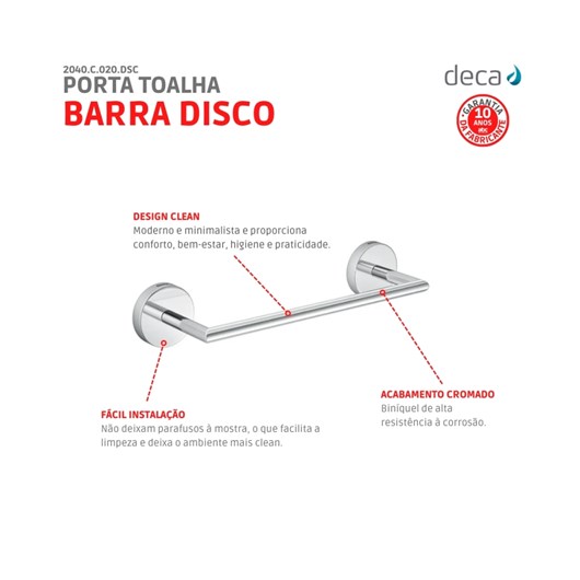 Porta Toalha Barra 20cm Disco 2040 Cromado Deca - Imagem principal - 36928cb2-b5cc-4145-a681-1e6057db8970