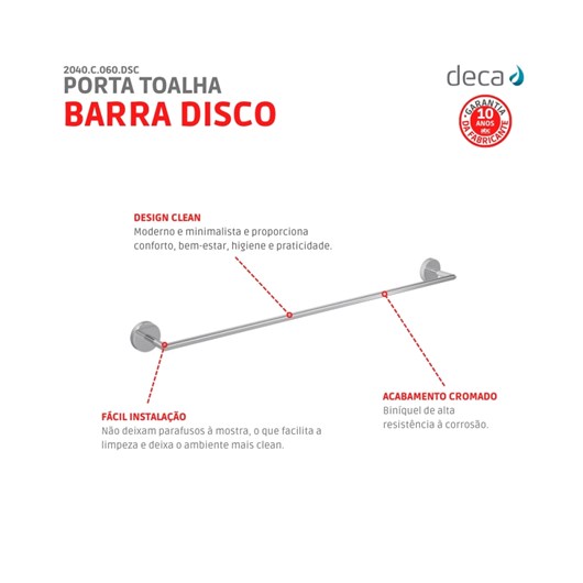 Porta Toalha Barra 50cm Disco 2040 Cromada Deca - Imagem principal - 9129b873-656a-4ee4-bc3f-7d51217eac03