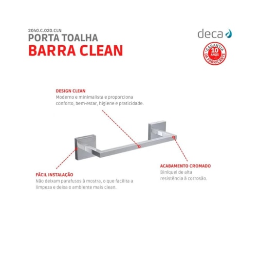 Porta Toalha Barra Clean 2040 20cm Cromada Deca - Imagem principal - f84ed46b-7827-4d2c-b02e-d83619f66992