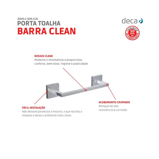 Porta Toalha Barra Clean 20cm 2040 Cromada Deca - Imagem principal - f974ec63-a47a-42be-8efa-fe5305a135f8