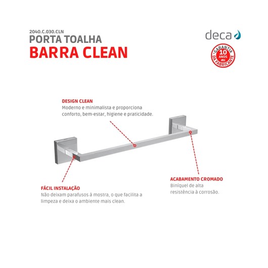 Porta Toalha Barra Clean 30cm 2040 Cromado Deca - Imagem principal - 9bc60c0d-4437-42b7-9b50-c5b7443a3f9f
