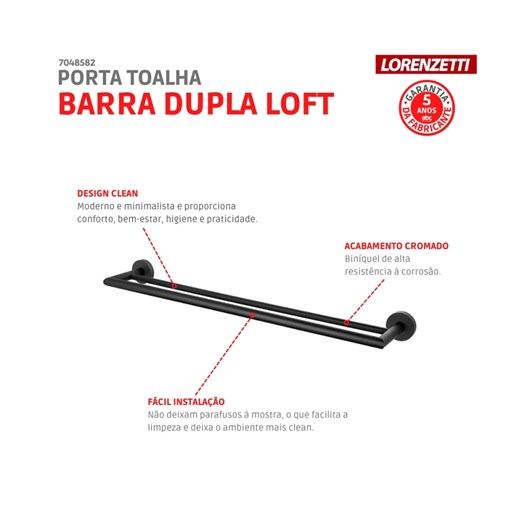 Porta Toalha Barra Duplo Loft B82 2042 Black Lorenzetti - Imagem principal - 90feffa1-b539-43f2-a4a5-6e81994452a9