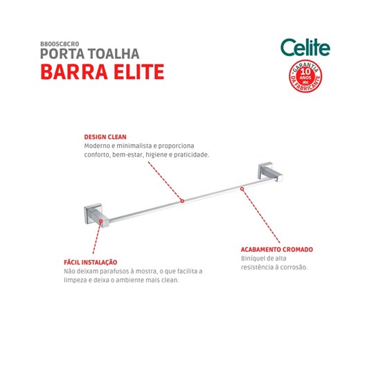 Porta Toalha Barra Elite Cromada Celite 60cm - Imagem principal - b83f0387-0038-424d-99d3-f7ea940a51ac