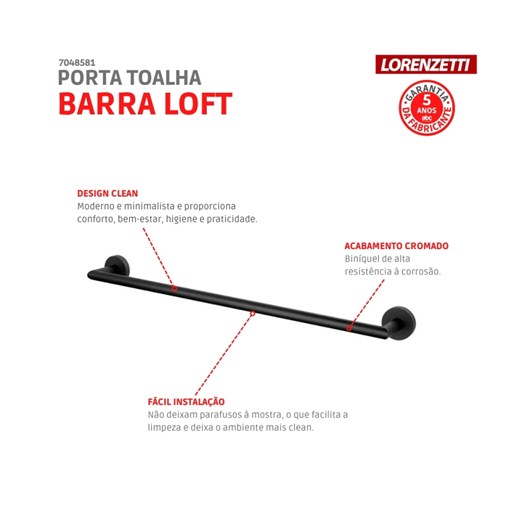 Porta Toalha Barra Loft 2040 B82 Preta Lorenzetti - Imagem principal - 91dfff98-bb2e-4cb5-8470-4c3649faf49f