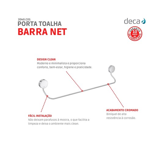 Porta Toalha Barra Net Cromado Deca - Imagem principal - 8b29605d-d5cb-46b5-93d8-b7802e72888c