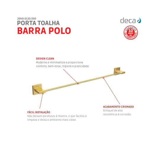 Porta Toalha Barra Polo 2040 Gold Deca 50cm - Imagem principal - 85ae1f19-8e8d-4f21-bdec-783771a80af7