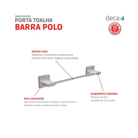 Porta Toalha Barra Polo 20cm 2040 Cromada Deca - Imagem principal - 987b4a36-6f33-4e15-a10f-1f3bb0051552