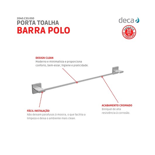 Porta Toalha Barra Polo 50cm 2040 Cromada Deca - Imagem principal - 5858aca2-2ecd-435a-b623-40b46f3660c1