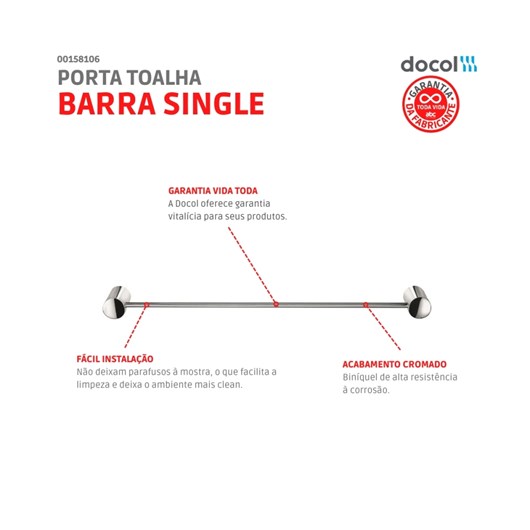 Porta Toalha Barra Single Cromado Docol - Imagem principal - 464cebd3-3583-43ad-b62b-33fc1eeedbe3