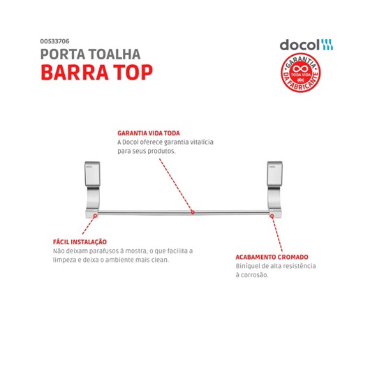 Porta Toalha Barra Top Cromada Docol - Imagem principal - 82da13a8-a0cc-4198-ae79-74be33aa6c6f