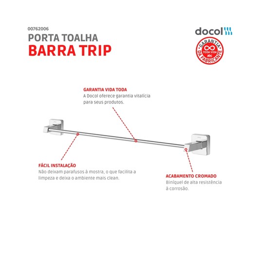 Porta Toalha Barra Trip Cromado Docol - Imagem principal - 1947fb05-90b4-4b2c-833e-0ad6fa4cfd27