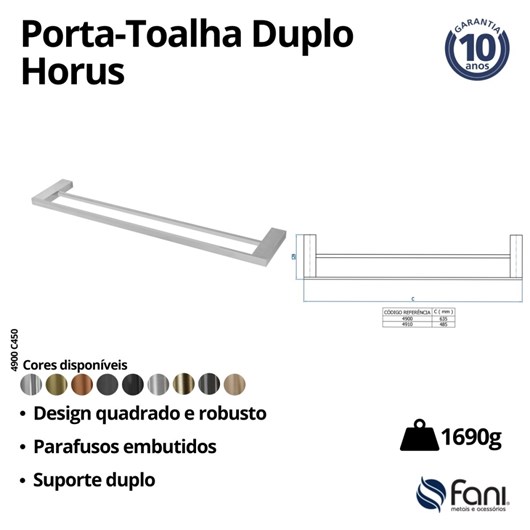 Porta Toalha Duplo Horus 450 Cromada Fani Metais - Imagem principal - 062d5691-ef05-42de-99c4-87a9bf5c1971