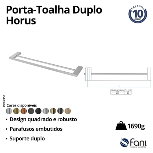 Porta Toalha Duplo Horus 450 Cromada Fani Metais - Imagem principal - 94f9fb8f-a8cd-4357-9c2b-9a962b22f1d7