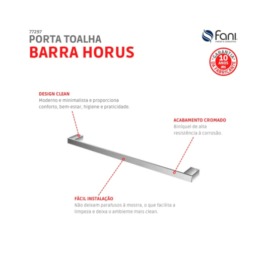 Porta Toalha Para Banheiro Horus Reto 48cm Cromado Fani - Imagem principal - 375ccada-fcaf-40fd-a12c-28db818fd66c